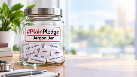 Glass #PlainPledge Jargon Jar filled with slips showing health care jargon, including hypertension, NPO, edema, diagnosis, BID, contraindication, and adverse event.